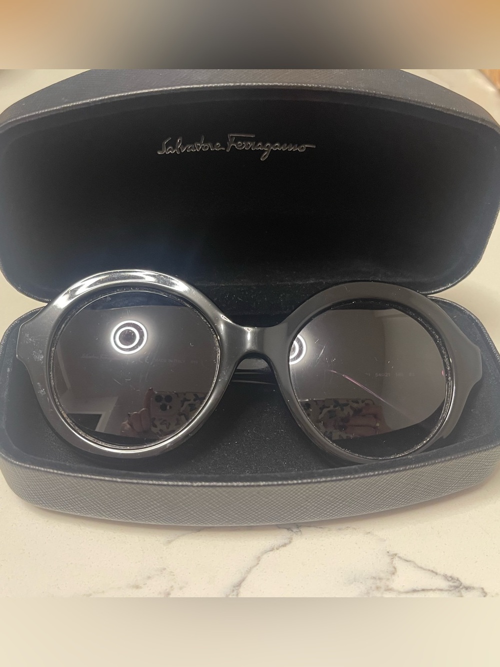 Salvatore Ferragamo Black Round Sunglasses with Silver Trim